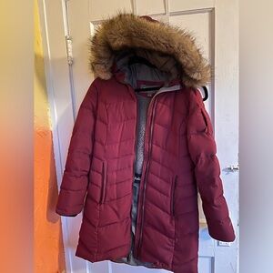 Eddie Bauer Burgundy Down Parka with Faux Fur Hood